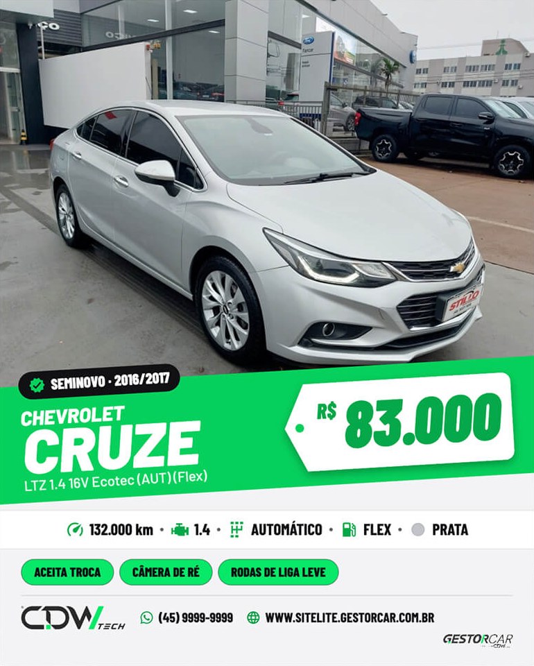 Modelo de post GestorCar — Chevrolet Cruze, tema claro com foto grande