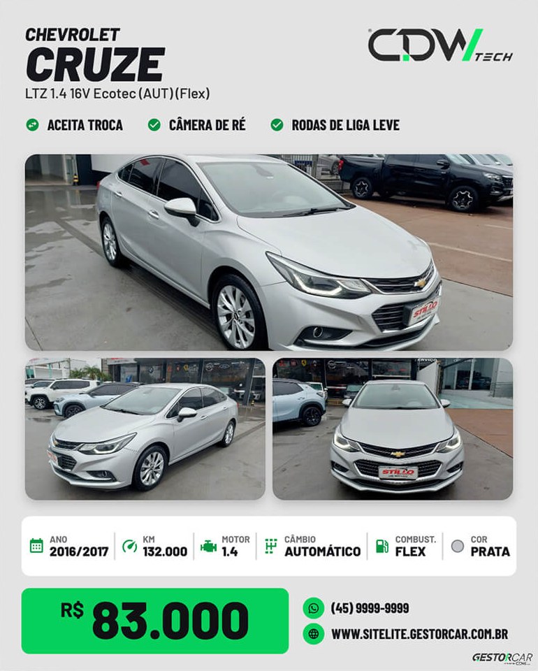 Modelo de post GestorCar — Chevrolet Cruze, tema claro com foto grande